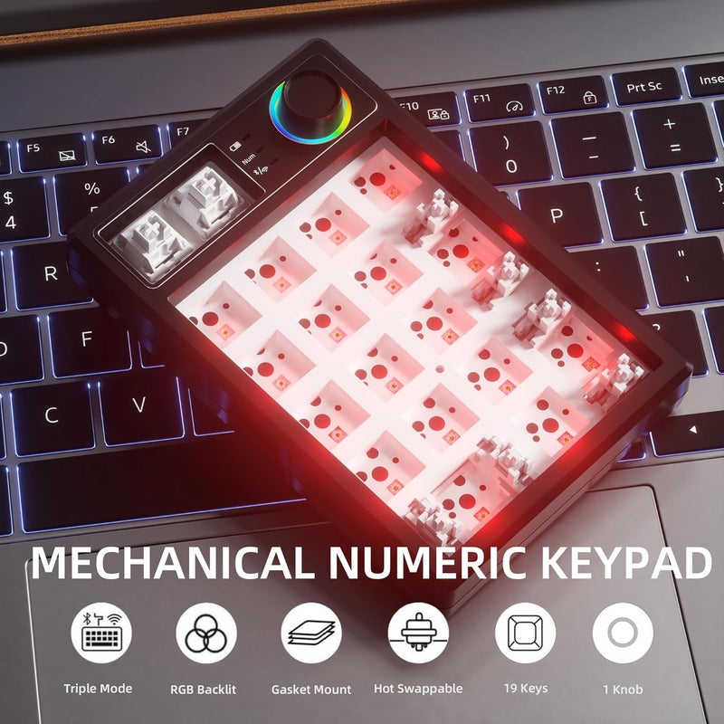 KEYCOOL K19 Wireless Numeric Keyboard, Mechanical Number Keypad Hot-swappable Bluetooth Numpad 5.0/2.4GHz, RGB Multi-Function Knob Numerical Keyboard for Laptop Mac Win iOS Android - Image 5